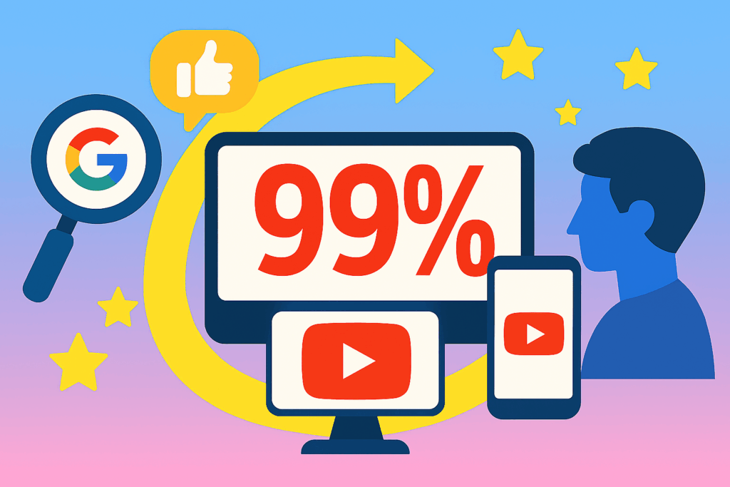 유튜브 알고리즘을 통해 생성된 99%의 조회수 흐름을 시각화한 플랫 일러스트