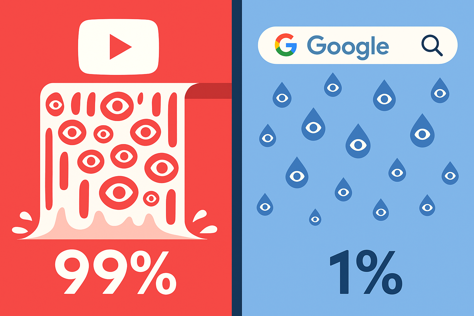 구글 검색에서 유입되는 1% 조회수와 유튜브 내부 알고리즘 조회수를 비교한 플랫 일러스트