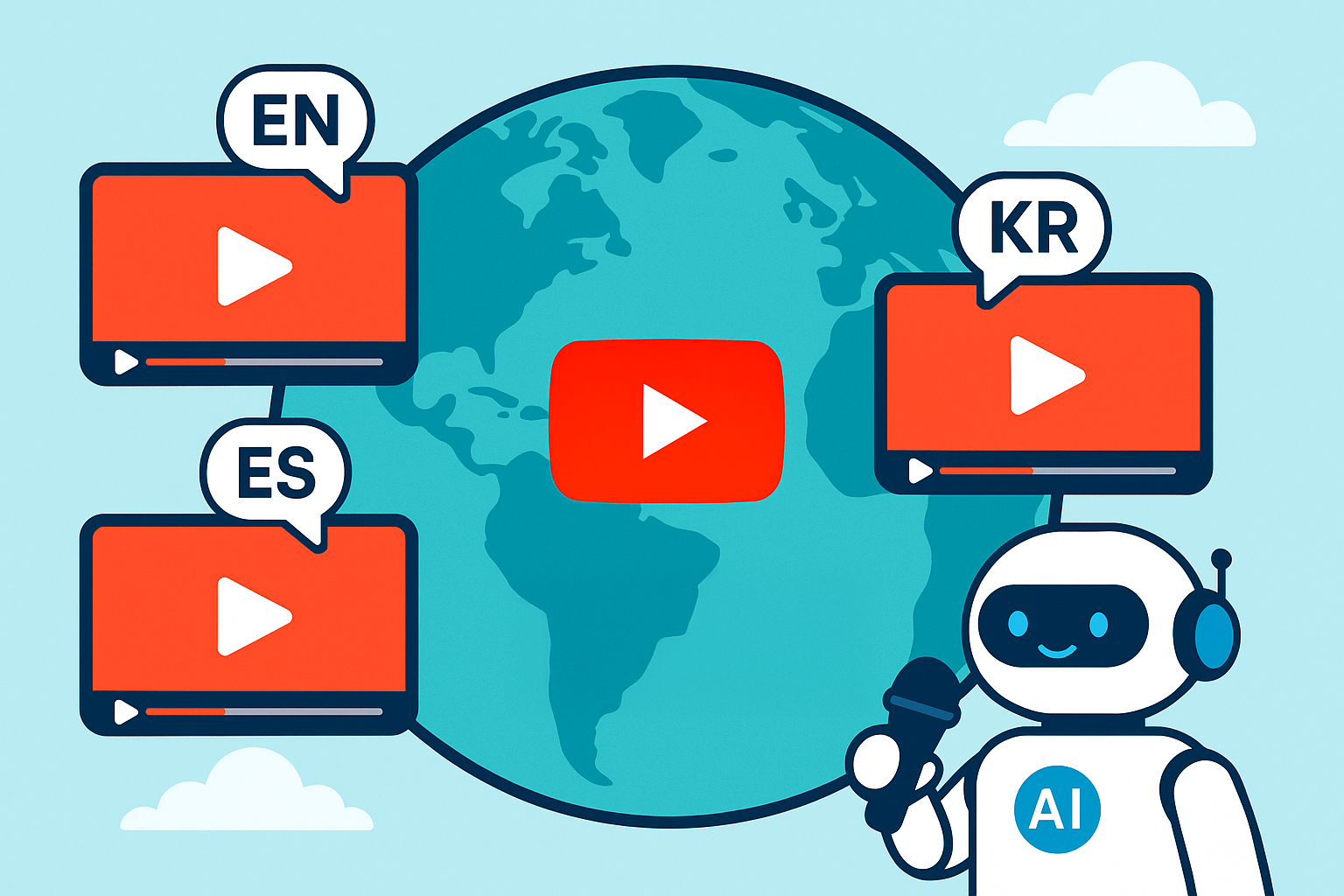 지구본 안에 다양한 언어의 말풍선과 유튜브 영상 썸네일이 떠 있는 플랫 일러스트