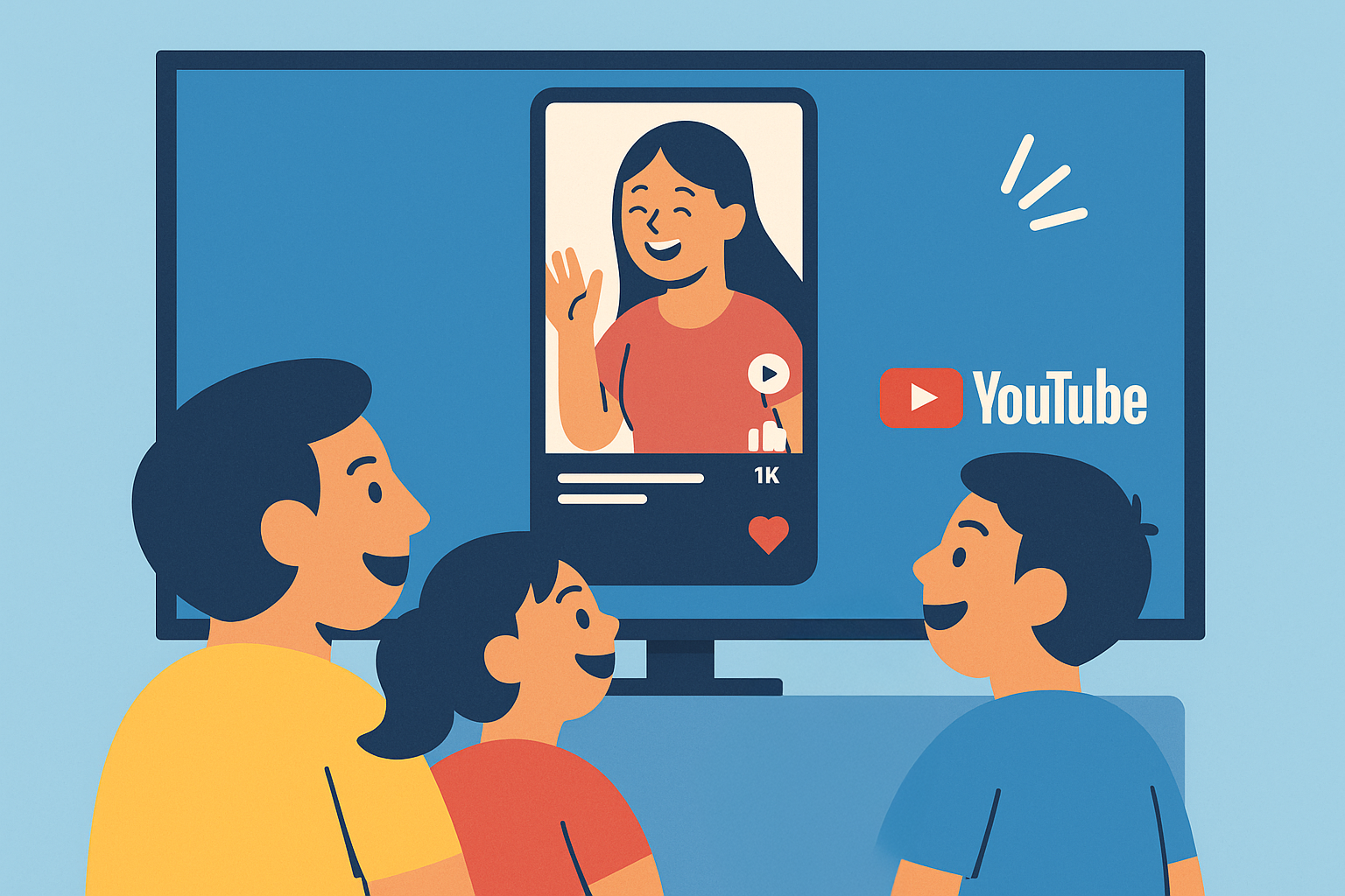 벽걸이형 스마트TV로 유튜브 쇼츠를 함께 시청하는 가족의 플랫 일러스트