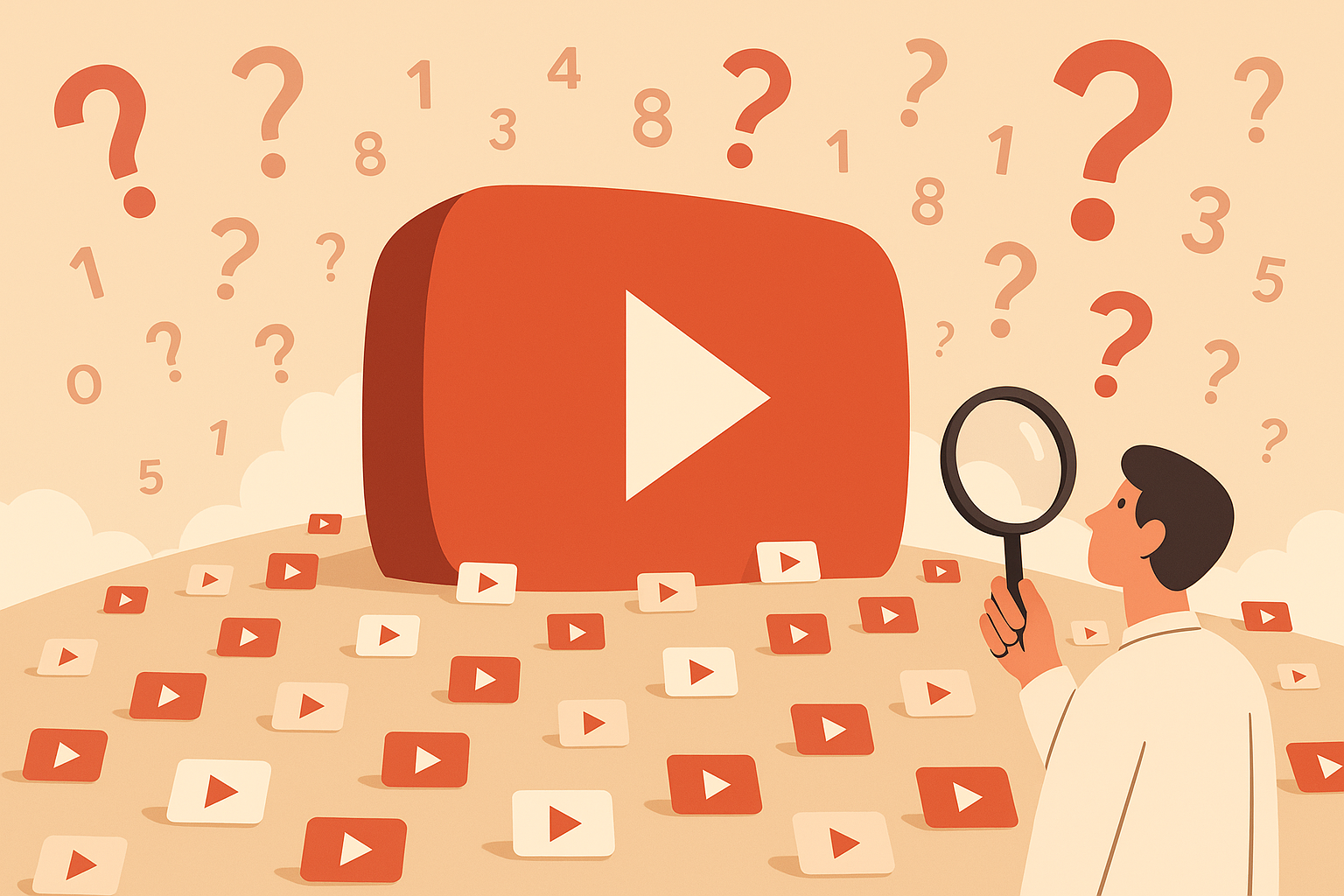 플랫 디자인 일러스트, 가로로 넓은 구도. 중앙에는 산처럼 거대한 유튜브 로고가 서 있고, 주변에는 수많은 작은 영상 썸네일들이 풍경처럼 흩어져 있다. 한 인물이 돋보기를 들고 감탄하며 로고를 올려다본다. 하늘에는 물음표와 숫자들이 떠다닌다