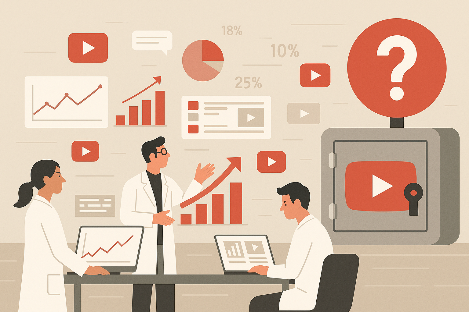 플랫 디자인, 가로로 넓은 장면. 디지털 연구실에서 유튜브 관련 데이터를 홀로그램 화면으로 분석 중인 대학 연구팀.