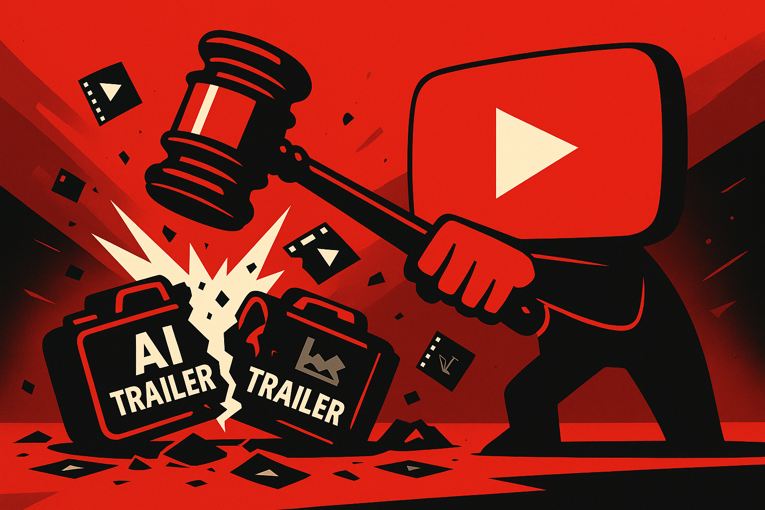 유튜브 로고가 'AI 예고편'이라 적힌 두 개의 부서진 카메라 위로 판결망치를 내리치는 장면의 플랫한 가로형 디지털 일러스트.