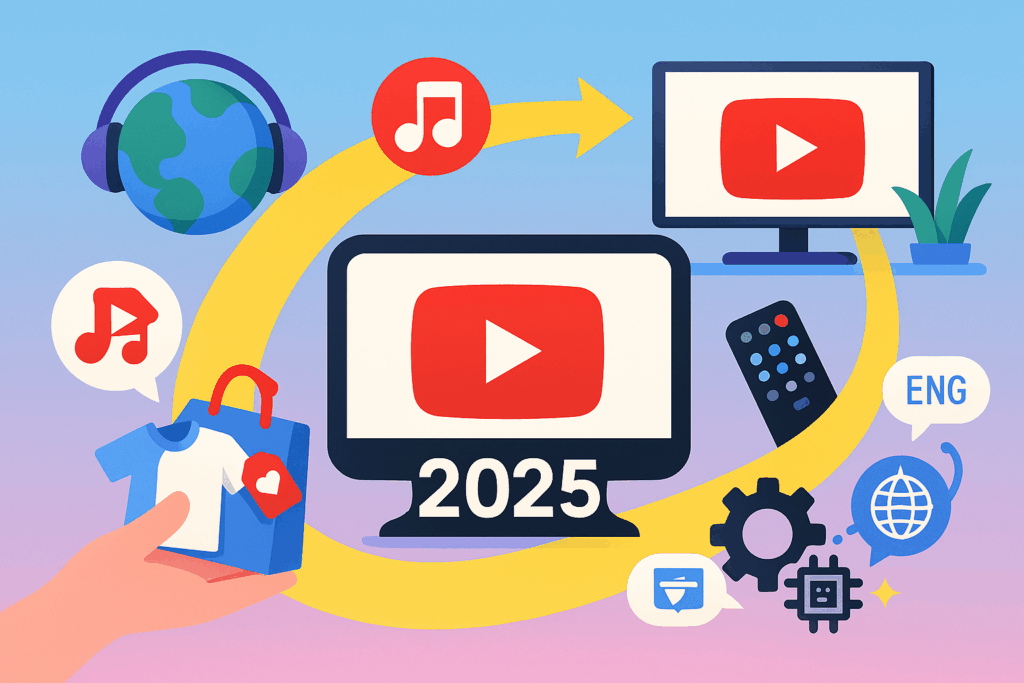 유튜브 2025 전략을 상징하는 다양한 아이콘들과 TV 화면을 중심으로 구성된 플랫디자인 일러스트